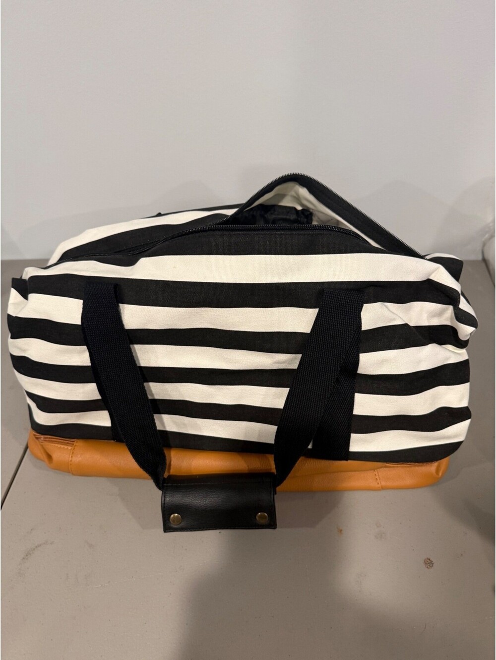 DSW Striped Canvas and Faux Leather Duffel Bag